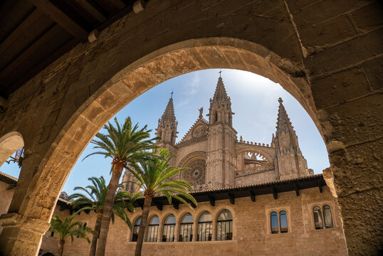 View of La Seu Cathedral through an arch - Palma de Mallorca, Spain