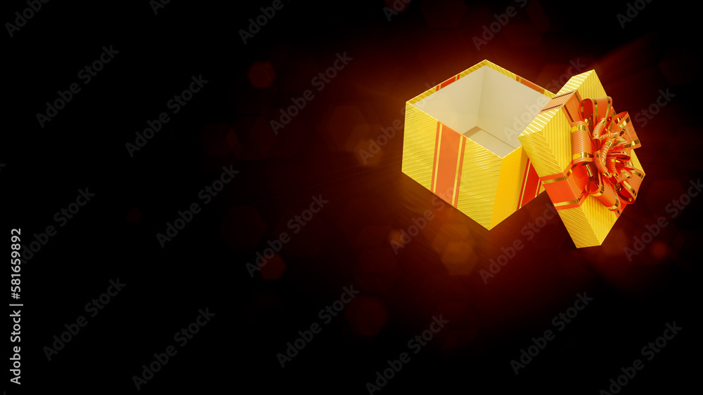 Poster shining opened goldish and red giftbox on dark background - object 3d rendering