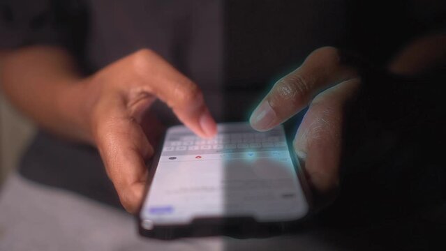 Woman using phone, dark side of technology access, dual-purpose. Connection internet access shopping texting scam fraud threaten, communication technology with world wide web, Metaverse Futuristic 4k