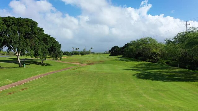 Golfer drives a straight shot in the golf course-Aerial shot-4K