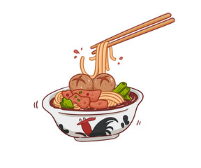 Noodles bowl soup ramen tasty asian food restaurant cartoon logo vector illustration