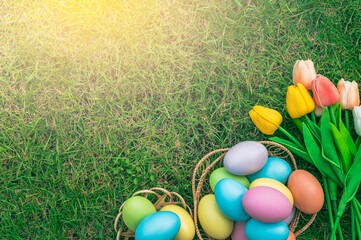 Fototapeta premium Happy Easter holiday greeting card concept. Colorful Easter Eggs and spring flowers on green grasses background. Flat lay, top view, copy space.
