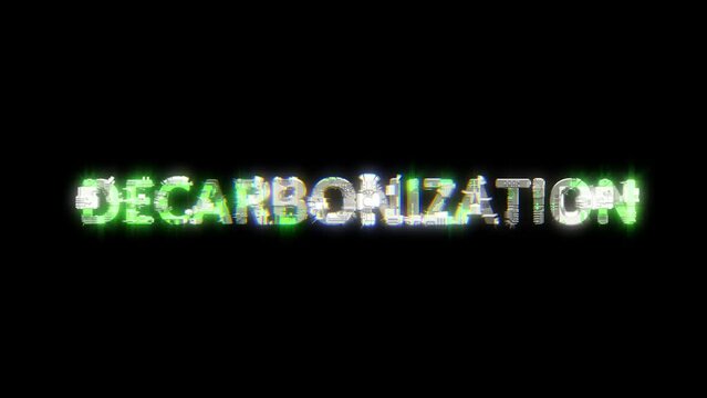 cybernetical text DECARBONIZATION with chromatic aberrance and glitch effects, isolated