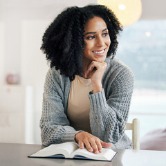 Happy woman, bible book or thinking of hope, motivation or ideas in Christianity religion or holy...