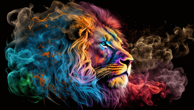 Lion with colorful fantasy smoke background wallpaper