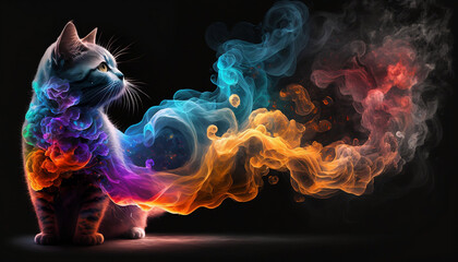 Cute Kitty Cat with colorful fantasy smoke background wallpaper
