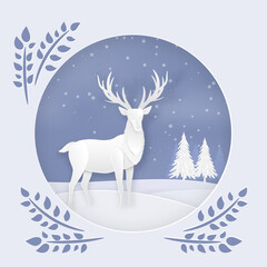 Obraz na płótnie Canvas Deer in the forest in the winter season. christmas card in circle view, vector paper art.