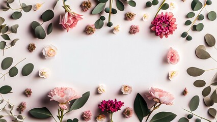 Frame made of pink flowers and eucalyptus branches on white background