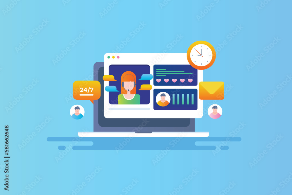 Aufkleber customer support service management software on laptop dashboard interface business communication te