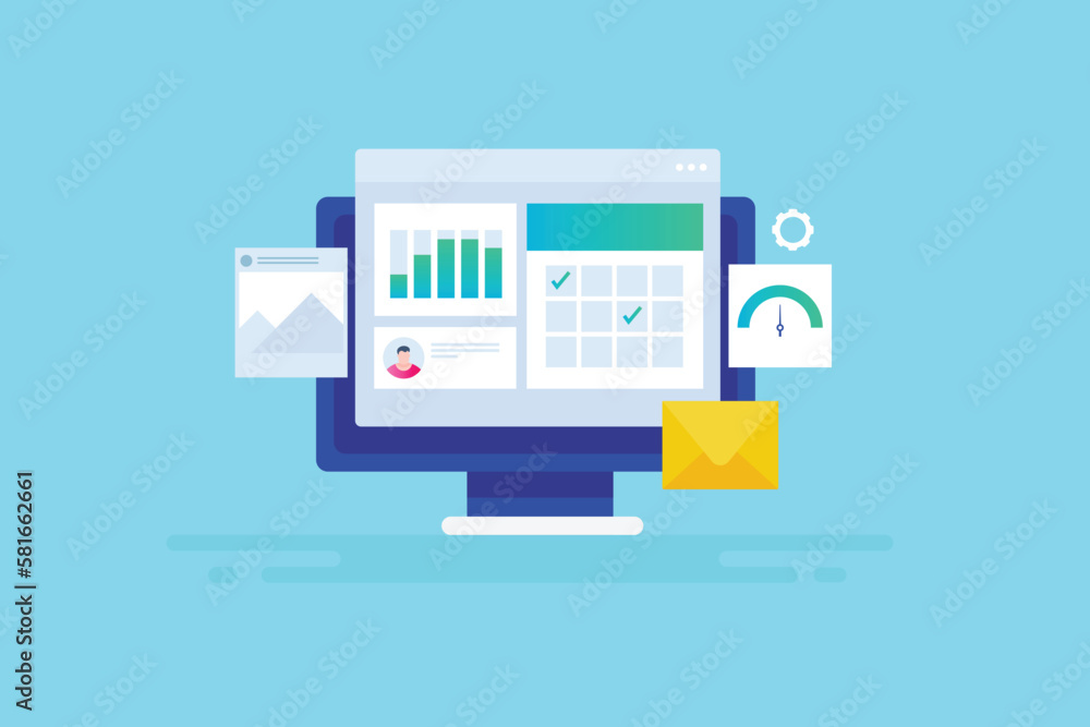 Poster project management business software interface with information report, message and schedule organiz