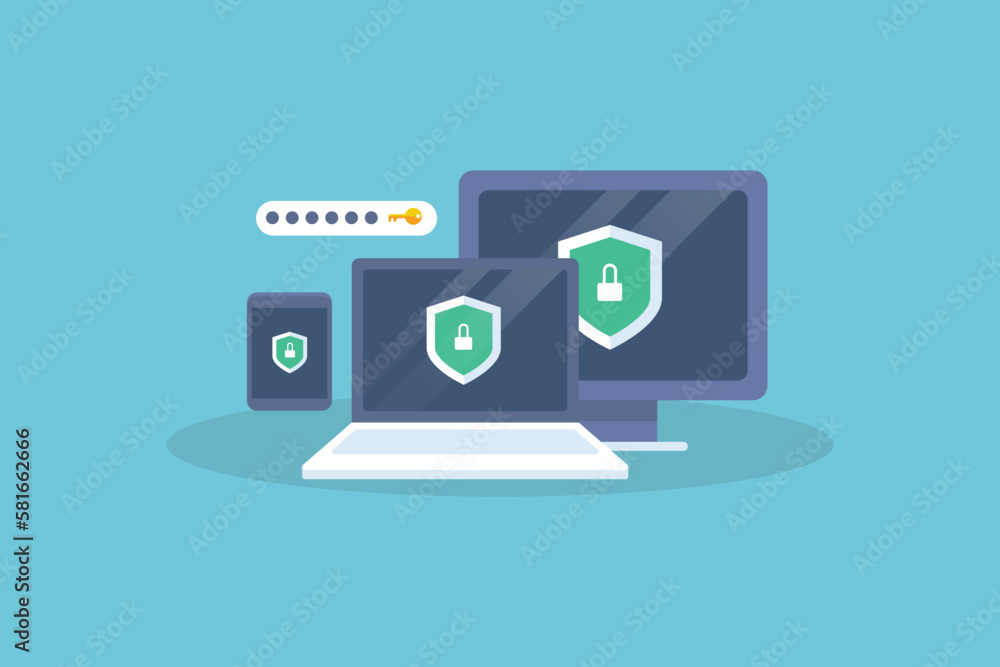 Poster cyber security on digital devices concept. shield on computer, laptop and mobile screen with passwor