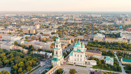 Astrakhan, Russia. Cathedral of the Assumption of the Blessed Virgin. Astrakhan Kremlin during sunset, Aerial View