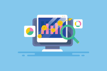 Business profit investment financial data on computer screen, analysis revenue growth strategy, sales concept, web banner template. 