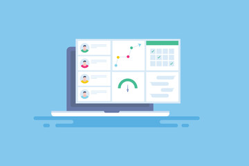 Managing teamwork tracking project development with task and schedule planer organization company marketing strategy software technology vector illustration.