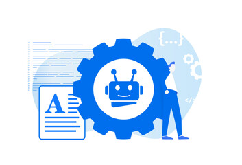 AI chatbot concept illustration - deep learning, data mining, code creation, communication, article writing, creating graphic illustration using neural AI networks. Isolated on white background