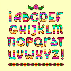Mexican ethnic colorful alphabet. Modern folk Otomi font. Vector letters.