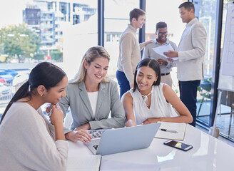 Planning meeting, laptop and strategy team communication, discussion or conversation about brand...