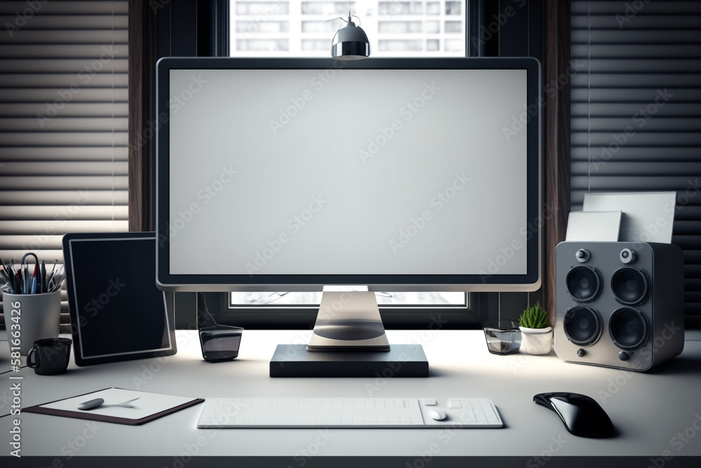 Poster work desk with a blank computer screen in an office, generative ai
