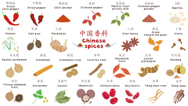中国のスパイス。フラットなベクターイラストセット。
Chinese spices. Flat designed vector illustration set.