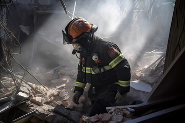 Obraz premium Urban heroes during catastrophes like earthquakes and fires, firefighters are brave and ready to assist in the city, putting their own lives at risk to serve others, generative ai