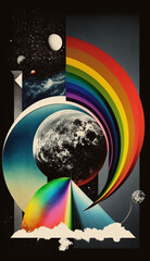Black and White Space Collage with Rainbow Accents Generative AI