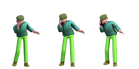 3D ILLUSTRATION RENDERING OBJECT ELEMENT FOR GRAPHICS PORTRAIT PERSONALITY GESTURE MODEL CARTOON CHARACTER MAN YOUNG MALE STANDING ON ISOLATED WHITE BACKGROUND MINIMAL HUMAN TALKING MOBILE SMART PHONE