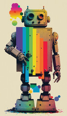 Fototapeta premium Black and White Robot Photocopy Xerox Retrofuturistic with Rainbow Accents Details Generative AI