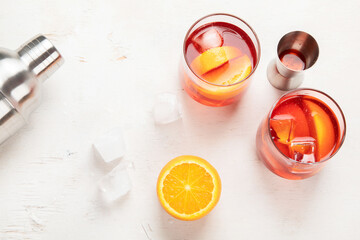 Set of various cocktails with fruits on white background.