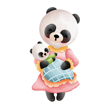 Watercolor Cute Mom Panda and Baby, Mama Panda, Baby Panda, Mother's Day Element, Hand Drawn Illustration