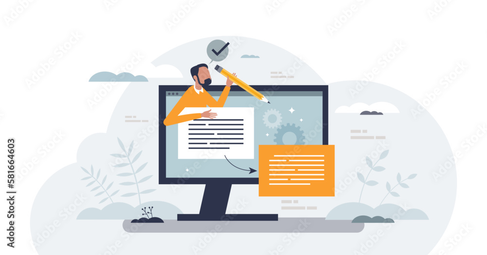 Poster paraphrasing tool with text conversion to different words tiny person concept, transparent backgroun