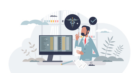 Medical billing and coding for patient hospital services tiny person concept, transparent background. Treatment payment and financial invoice coverage from insurance illustration.