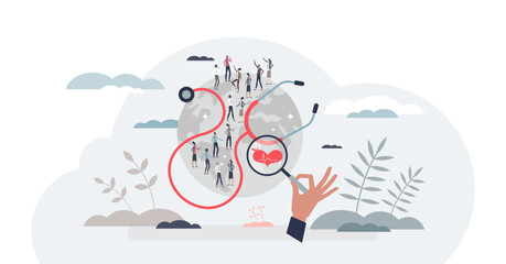 Population health management and global community care tiny person concept, transparent background.Healthy society program with regular screening and monitoring illustration.