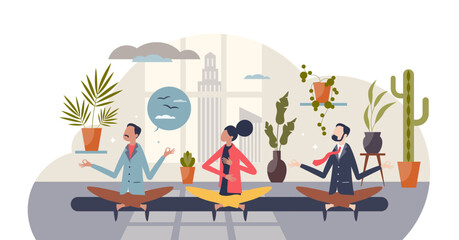Employee wellness program or company stress free activity tiny person concept, transparent background. Yoga or meditation in workplace or office for worker satisfaction, health. - obrazy, fototapety, plakaty