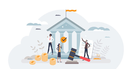 Financial regulation as principles for EU budget tiny person concept, transparent background.Banking management with government standards for money organization illustration.