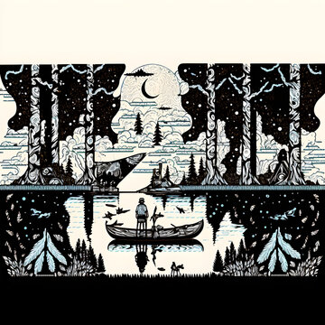 Woodcut This Art Showing Lake, Universe, Forest, Peace 