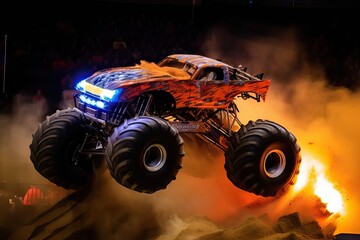 Monstrer Truck in Action, jumping over other cars on high speed, on a monster truck show, with fire, big crowd, and a lot of emotion and destruction in the night, generative ai