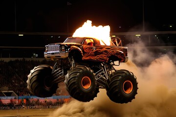 Monstrer Truck in Action, jumping over other cars on high speed, on a monster truck show, with fire, big crowd, and a lot of emotion and destruction in the night, generative ai - obrazy, fototapety, plakaty