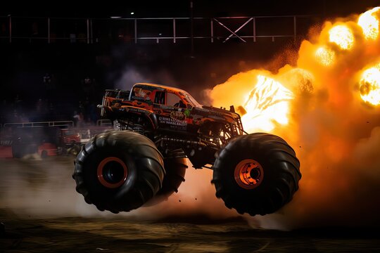 Monstrer Truck in Action, jumping over other cars on high speed, on a monster truck show, with fire, big crowd, and a lot of emotion and destruction in the night, generative ai