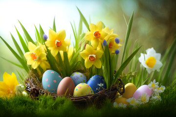 Fototapeta na wymiar Easter eggs and daffodil flowers on the meadow. Generative AI