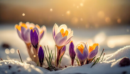 Obraz na płótnie Canvas Spring Flowers - Colorful Crocus Blossoms On Melt Snow With Defocused Sunlight - The End Of Winter - Springtime - Generative AI