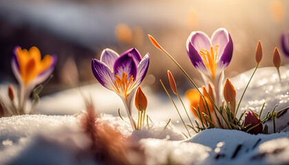 Obraz na płótnie Canvas Spring Flowers - Colorful Crocus Blossoms On Melt Snow With Defocused Sunlight - The End Of Winter - Springtime - Generative AI