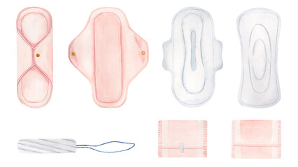 A set of disposable and reusable sanitary pads and a tampon. Personal hygiene product for women. White sanitary pad. Watercolor illustration. Isolated.