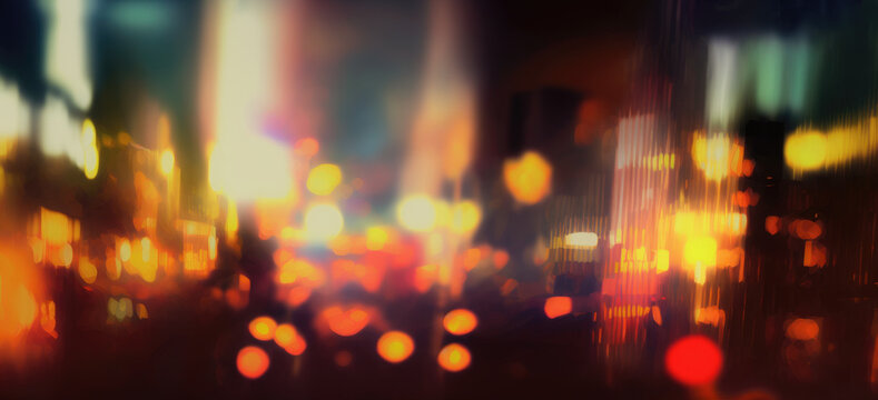 Abstract city lights bokeh motion blur streaks, long exposure bright colorful illuminated streets and glowing windows, background out of focus wide angle - generative AI.