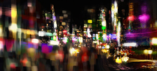 Fototapeta na wymiar Abstract city lights bokeh motion blur streaks, long exposure bright colorful illuminated streets and glowing windows, background out of focus wide angle - generative AI.