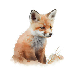 Red fox vulpes cub sitting, isolated watercolor illustration on transparent or white background, generative AI