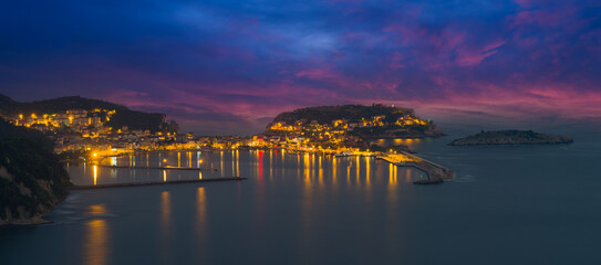 Panorama of touristic city of Amasra at twilight. Black Sea coast. Turkey's beautiful travel destinations. Bartin province, Turkey