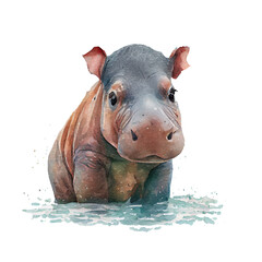 Baby hippo portrait, isolated watercolor illustration on transparent or white background, generative AI - obrazy, fototapety, plakaty