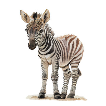 Baby zebra, isolated watercolor illustration on transparent or white background, suit for nursery art, generative AI 