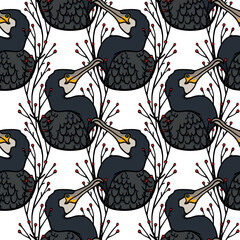 Vector seamless pattern with hand drawn graceful Great Cormorant in floral laurel with red berries. Beautiful wild animal illustration, ink drawing, graphic style. Perfect for prints and patterns
