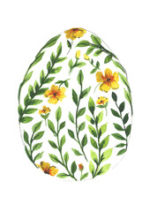 Happy Easter Floral Egg, hand drawn watercolor illustration of flowers